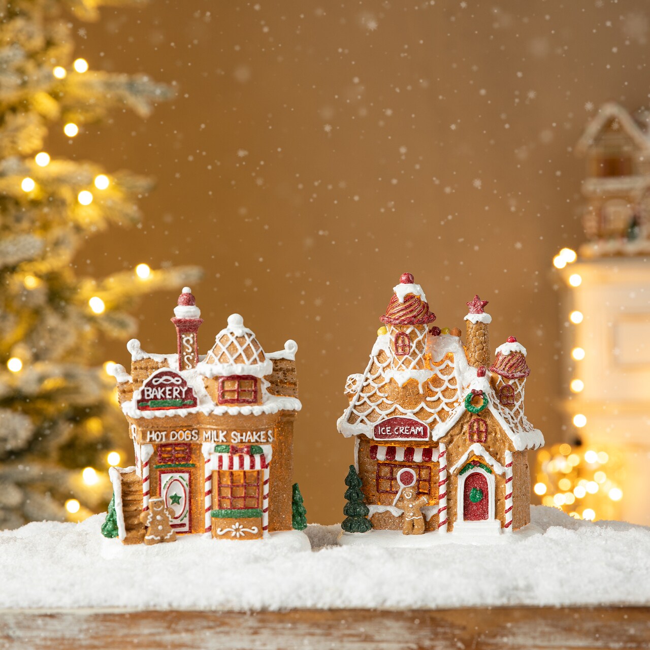 7.25"H Set of 2 Lighted Resin Christmas Gingerbread House Table Decor